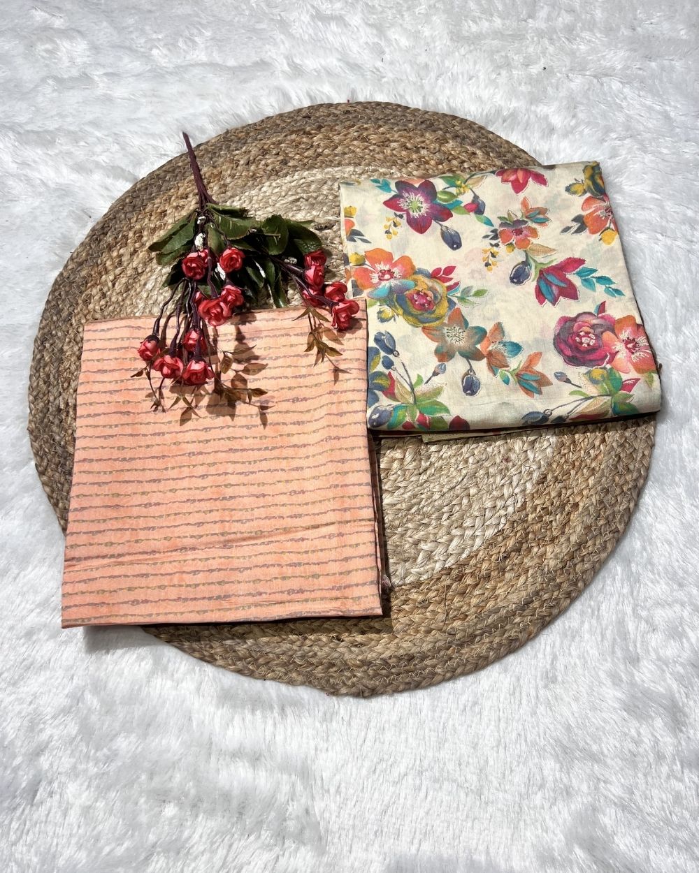 Printed Muslin Unstitched Multicolour Top (3.00 mtr) & Peach Bottom (2.40 mtr) Set 42 Inches Width