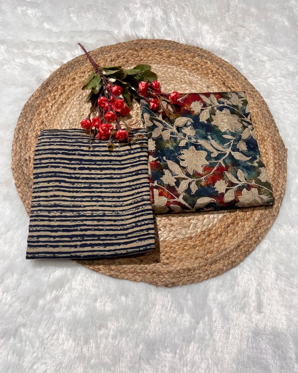 Printed Muslin Unstitched Multicolour Top (1.90 mtr) & Navy Blue Bottom (2.30 mtr) Set 42 Inches Width