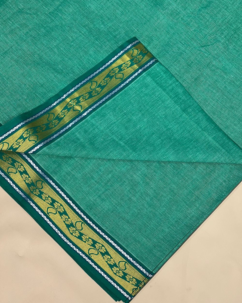 Khadi Cotton Fabric with Border Green Colour 44 Inches Width