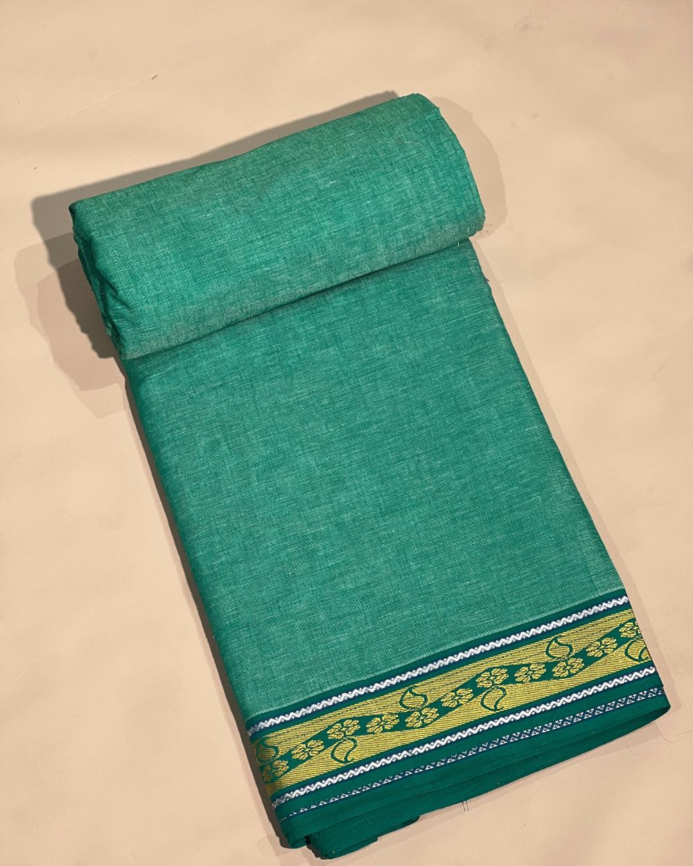 Khadi Cotton Fabric with Border Green Colour 44 Inches Width