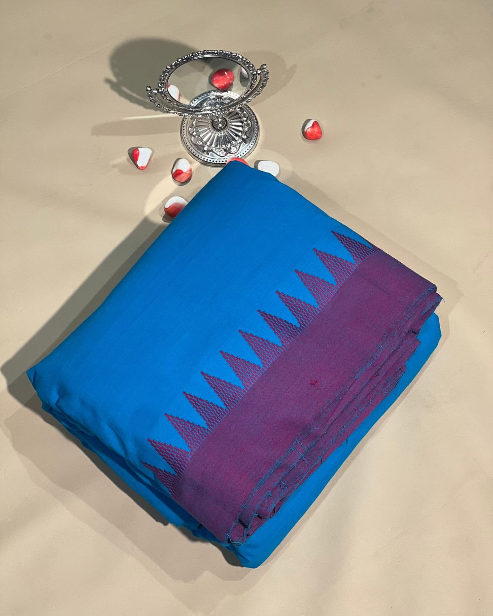 Khadi Cotton Fabric with Border Blue Colour 44 Inches Width