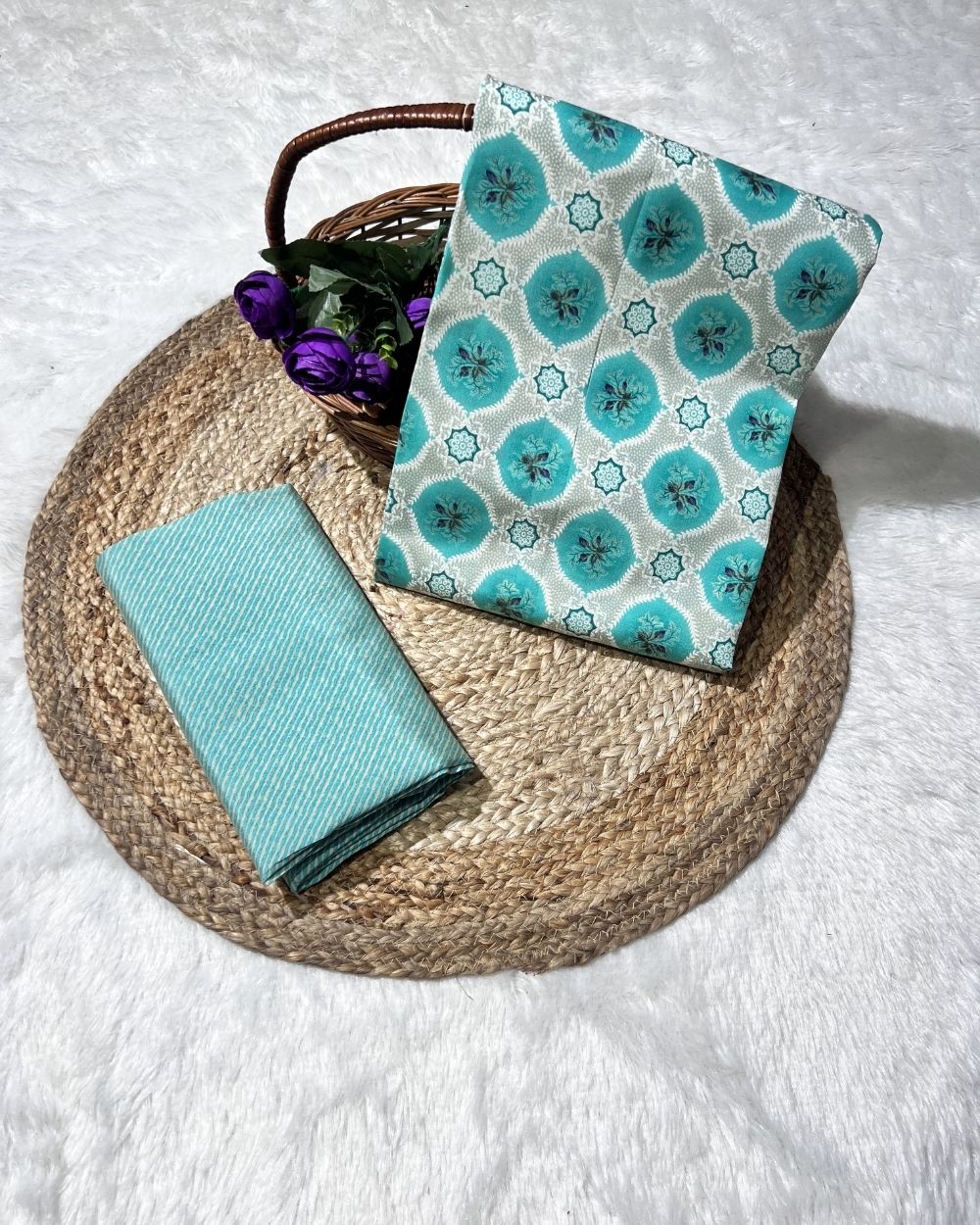 Printed Muslin Unstitched Top (2.50 mtr) & Bottom (2.40 mtr) Set Seafoam Colour 42 Inches Width