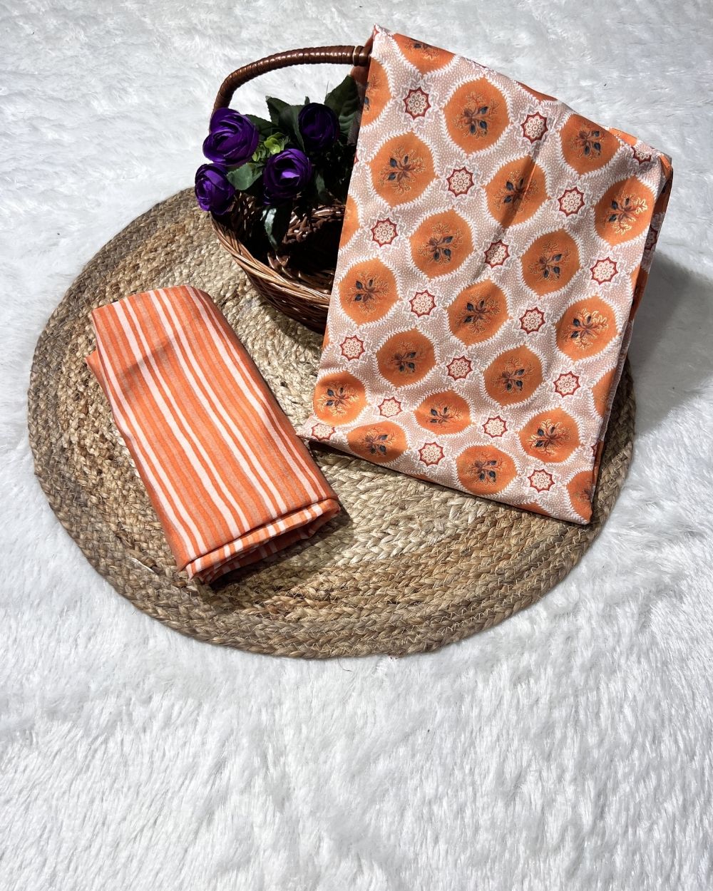 Printed Muslin Unstitched Top (2.40 mtr) & Bottom (2.00 mtr) Set Orange Colour 42 Inches Width