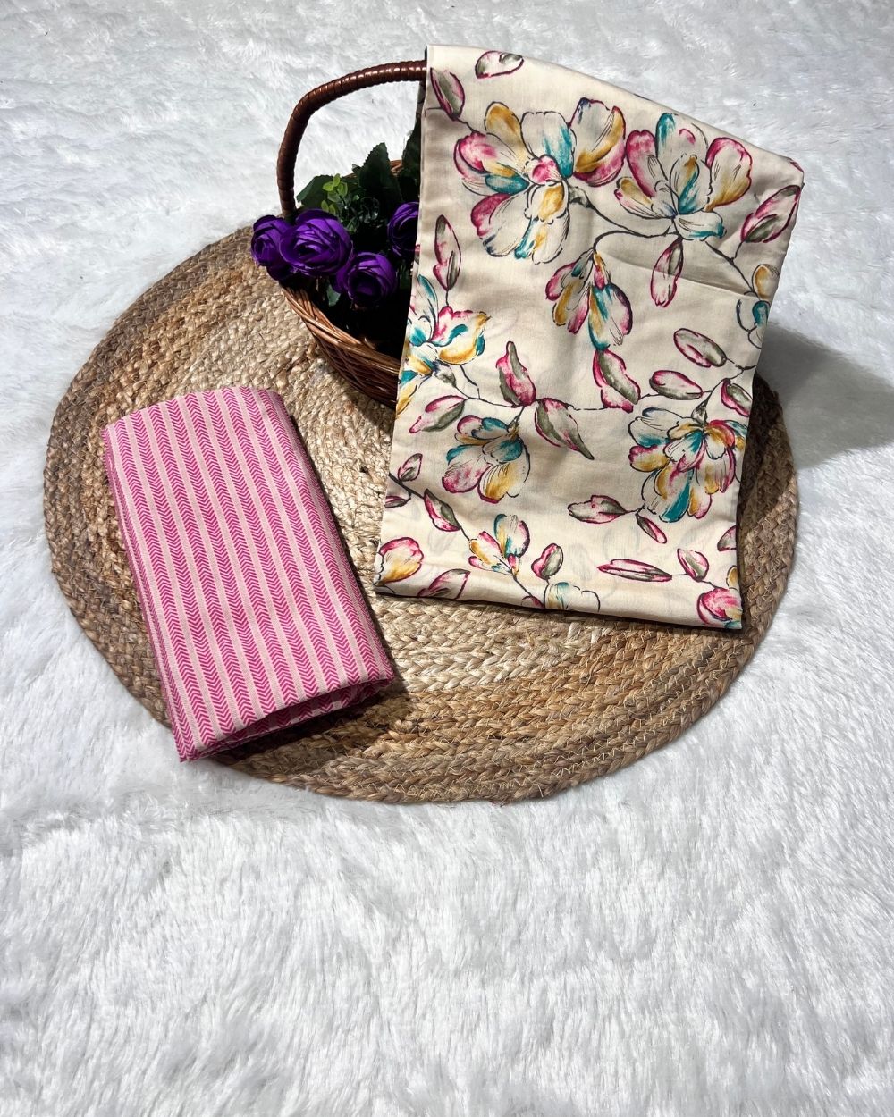 Printed Muslin Unstitched Multicolour Top (2.00 mtr) & Pink Bottom (2.30 mtr) Set 42 Inches Width
