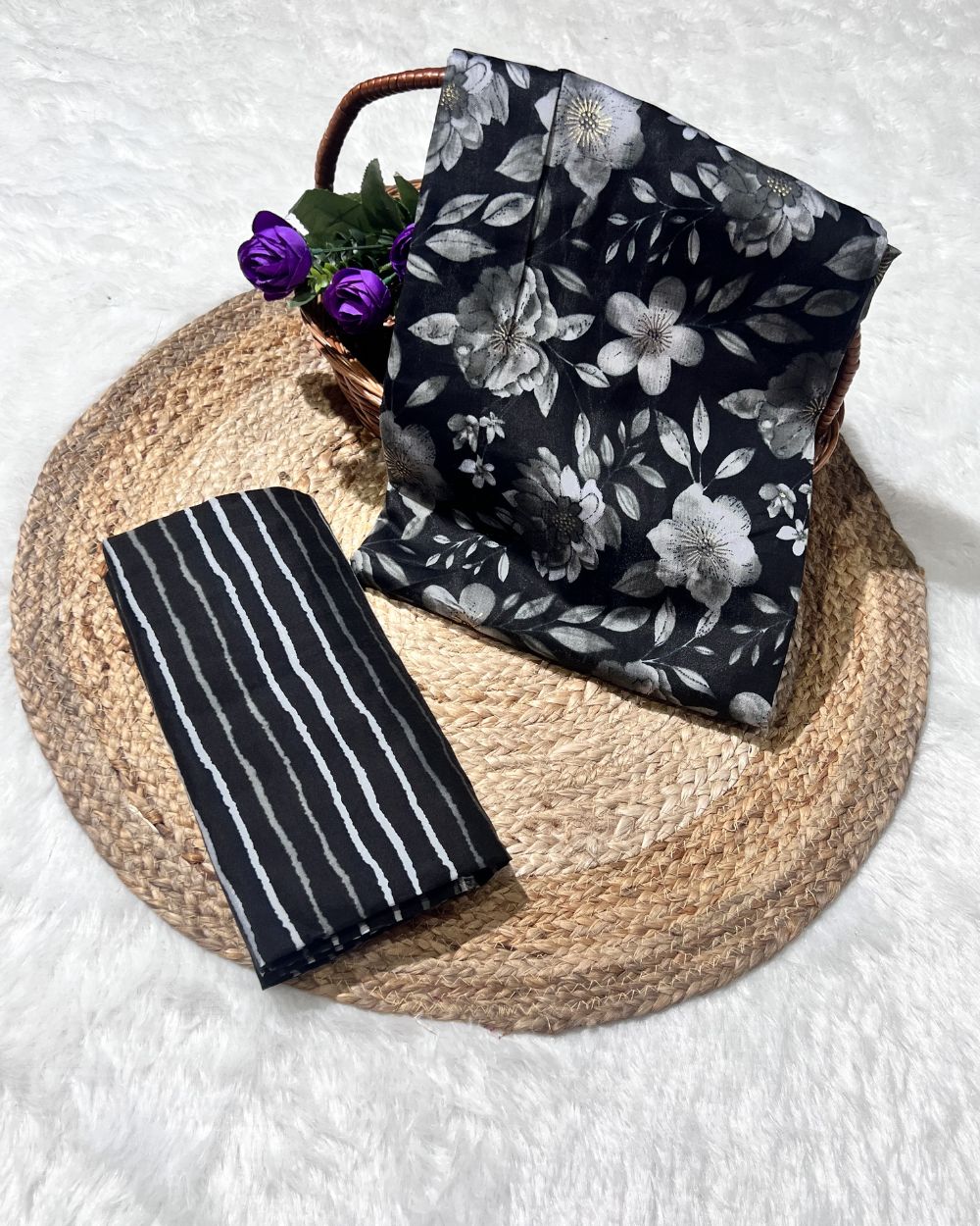 Printed Muslin Unstitched Top (2.30 mtr) & Bottom (2.25 mtr) Set Black Colour 42 Inches Width