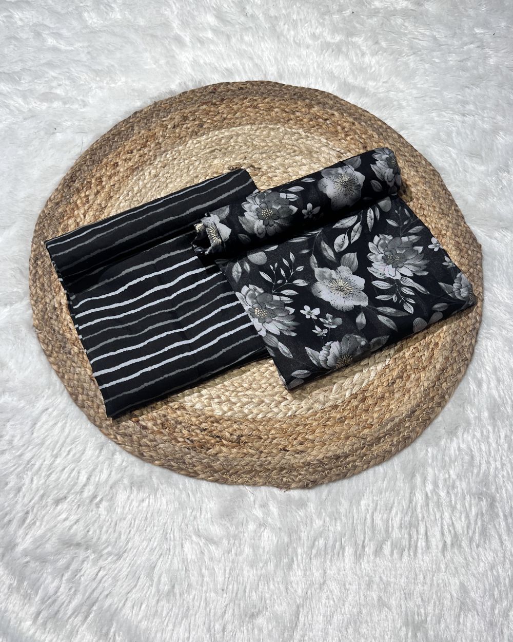 Printed Muslin Unstitched Top (2.30 mtr) & Bottom (2.25 mtr) Set Black Colour 42 Inches Width