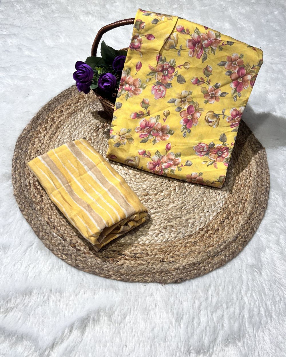 Printed Muslin Unstitched Top (2.55 mtr) & Bottom (2.60 mtr) Set Yellow Colour 42 Inches Width