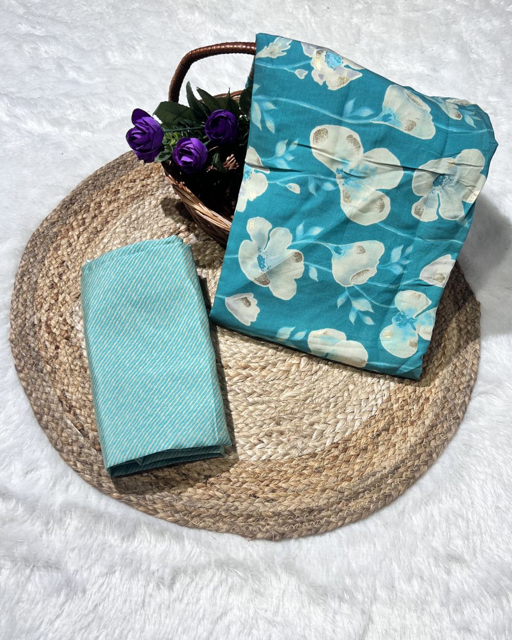 Printed Muslin Unstitched Top (2.35 mtr) & Bottom (2.50 mtr) Set Seafoam Colour 42 Inches Width