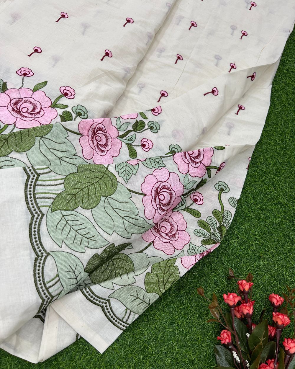 Kora Cotton Border Work Baby Pink Colour 45 Inches Width