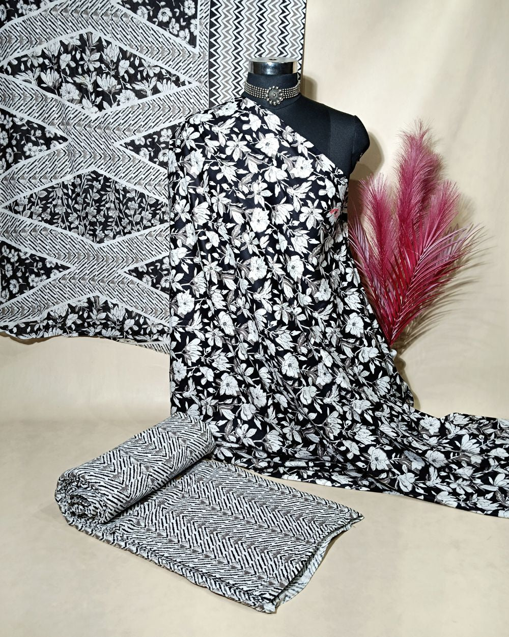 Printed Cotton Unstitched Top-Bottom Set with Dupatta Black Colour 44 Inches Width