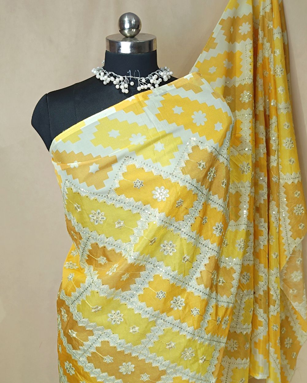 Position Print with Sequin Embroidery on Premium Organza Mango Yellow Colour 45 Inches Width