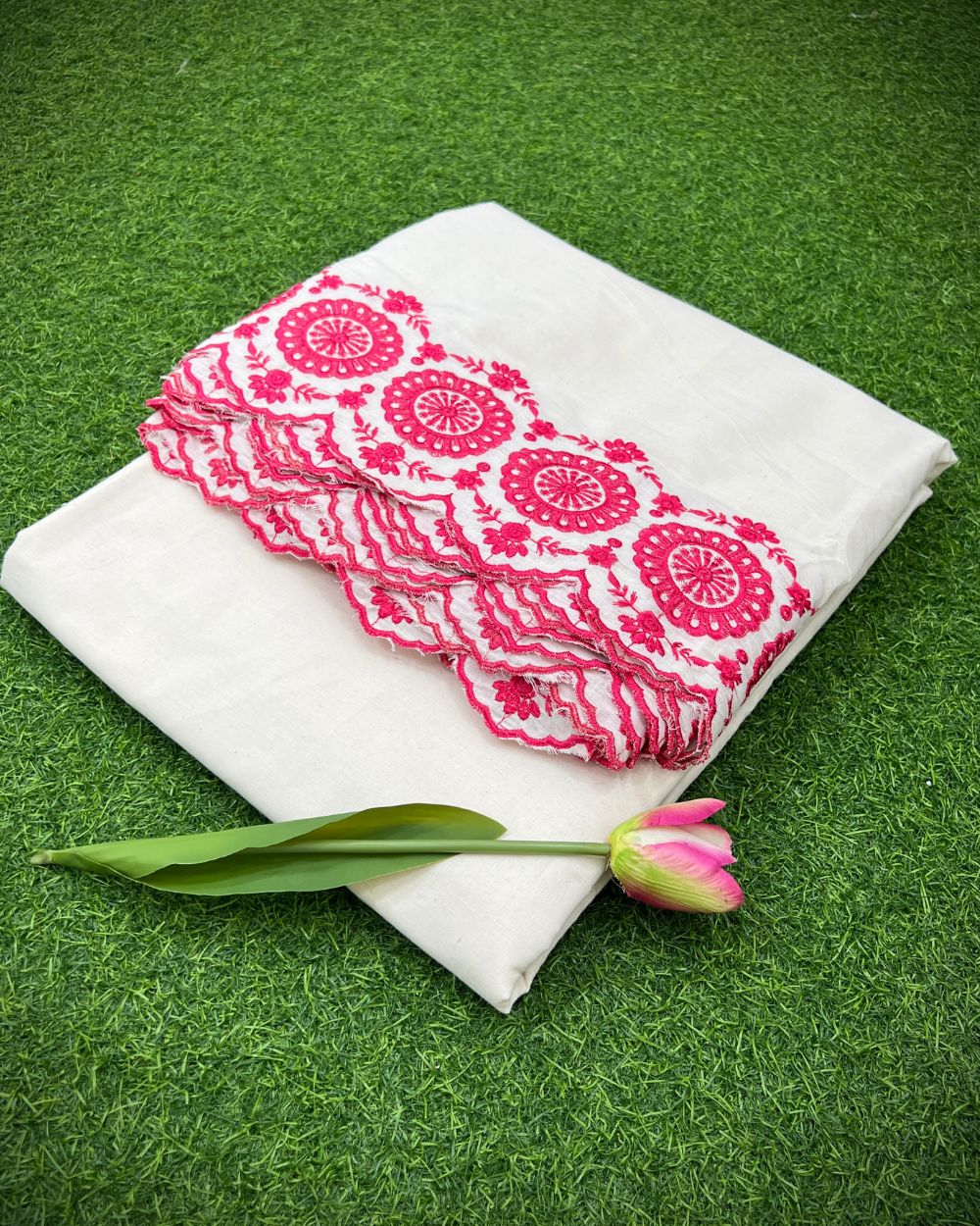 Kora Cotton with Cut Work Border Dark Pink Colour 42 Inches Width