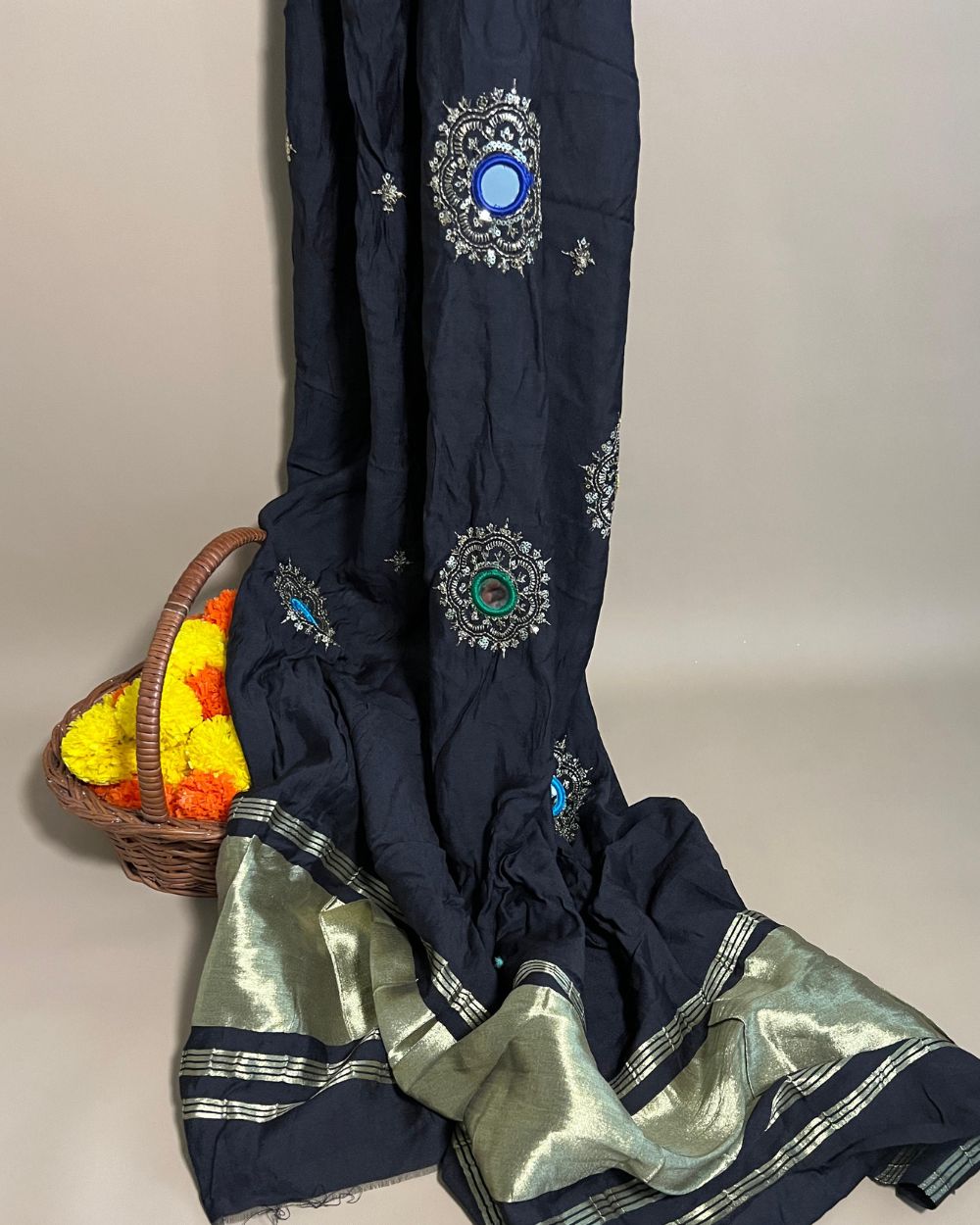 Abla Work Dupatta Cotton Silk Black Colour 41 Inches Width