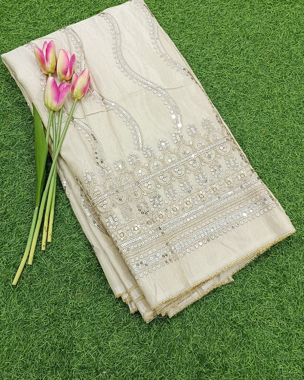 Dyeable Cosmos Work with Border Golden Colour 42 Inches Width