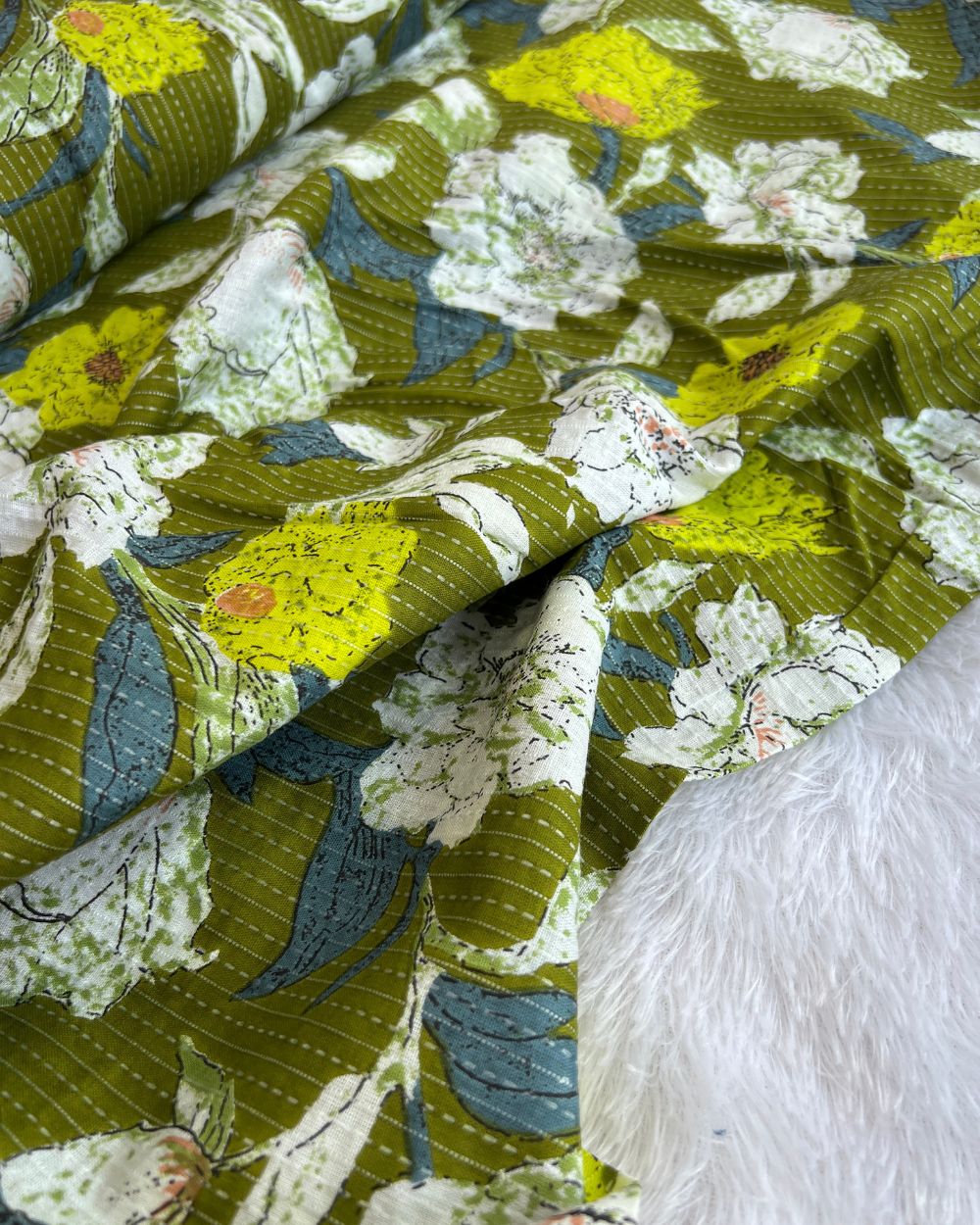 Printed Cotton Kantha Work Mehandi Green Colour 42 Inches Width