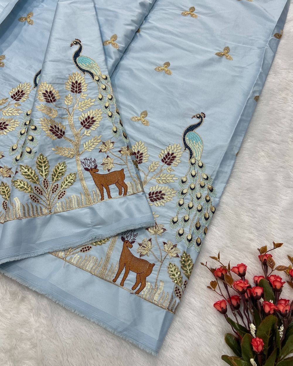 Malai Silk Work Light Sky Blue Colour 56 Inches Width