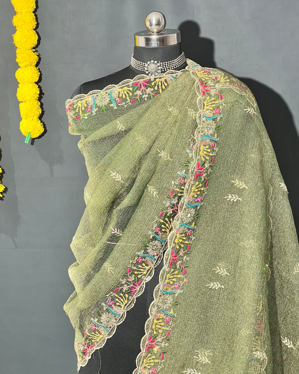 Premium Organza Crush Work Dupatta Fabric Dusty Green Colour 38 Inches Width
