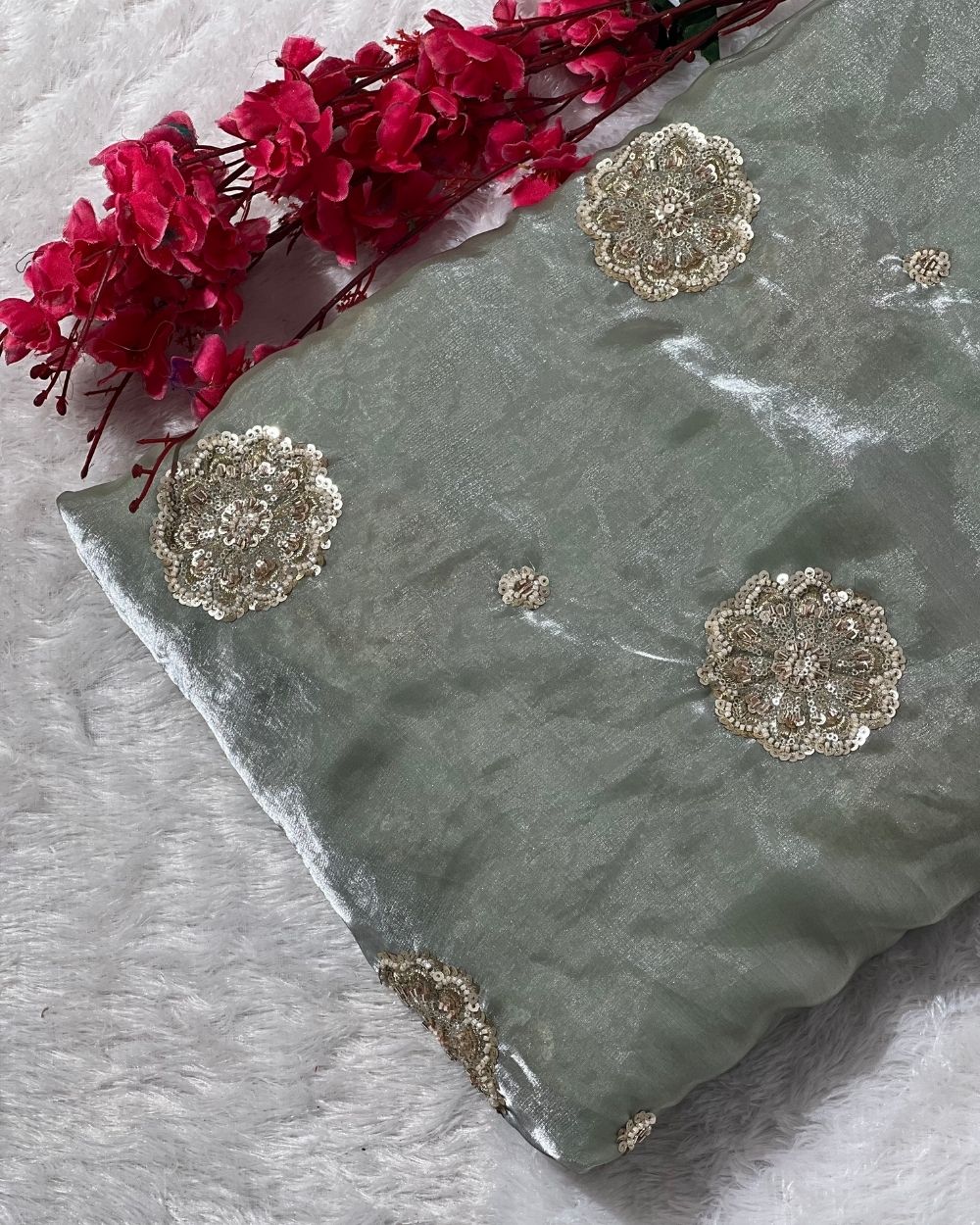 Space Silk Work Greenish Grey Colour 44 Inches Width