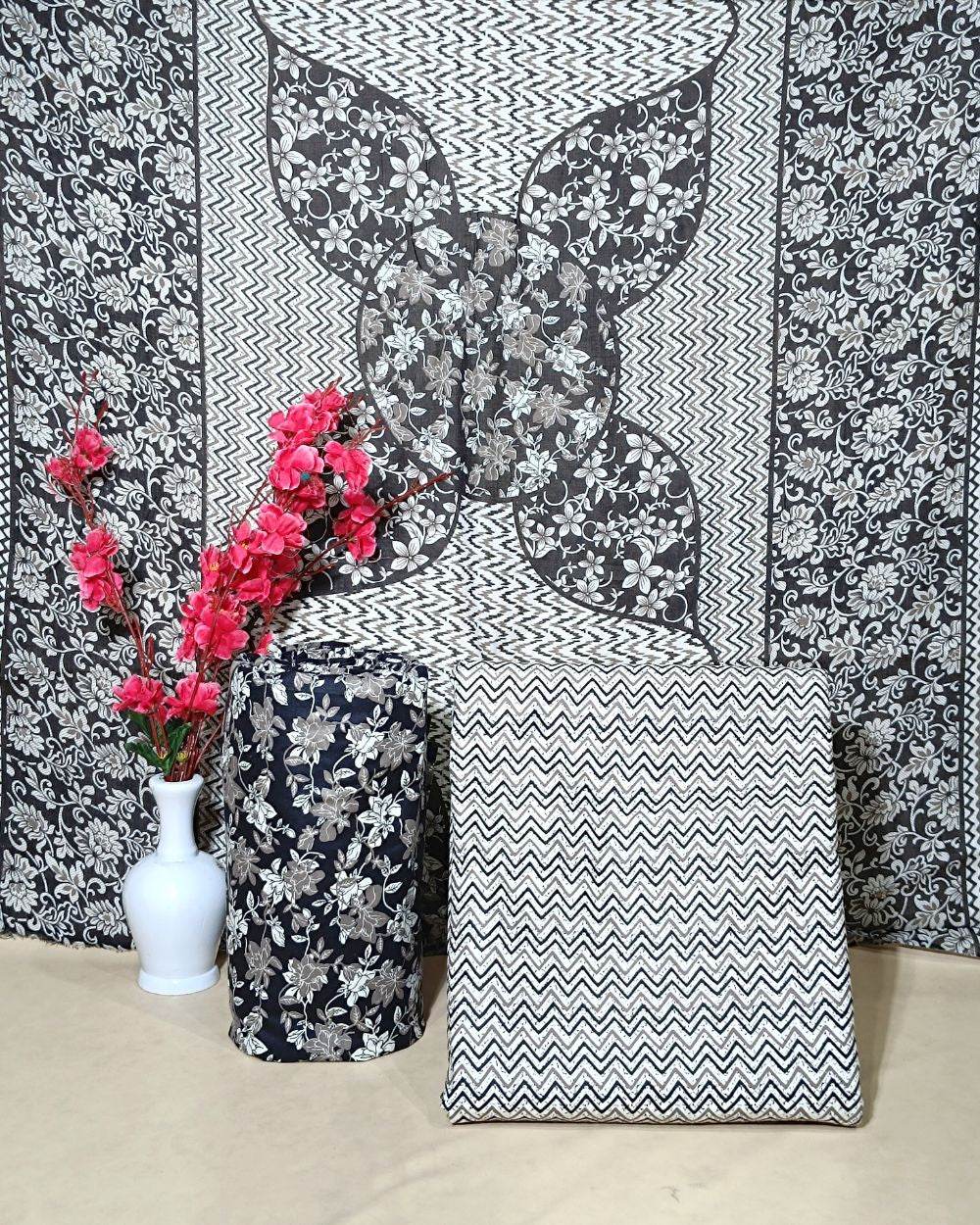 Printed Cotton Unstitched Top-Bottom Set with Dupatta Black Colour 44 Inches Width