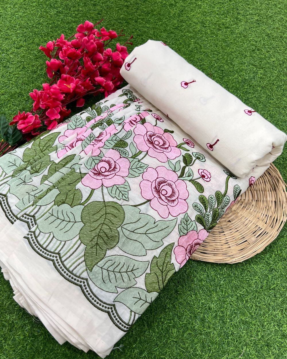 Kora Cotton Border Work Baby Pink Colour 45 Inches Width