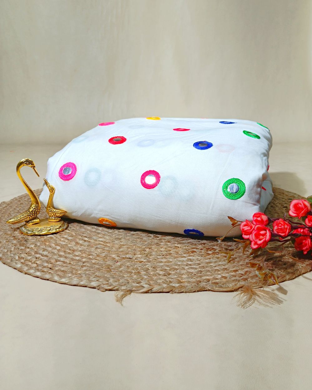 Rayon Gamthi(Rajasthani) Work White (Multicolor) 44 Inches Width