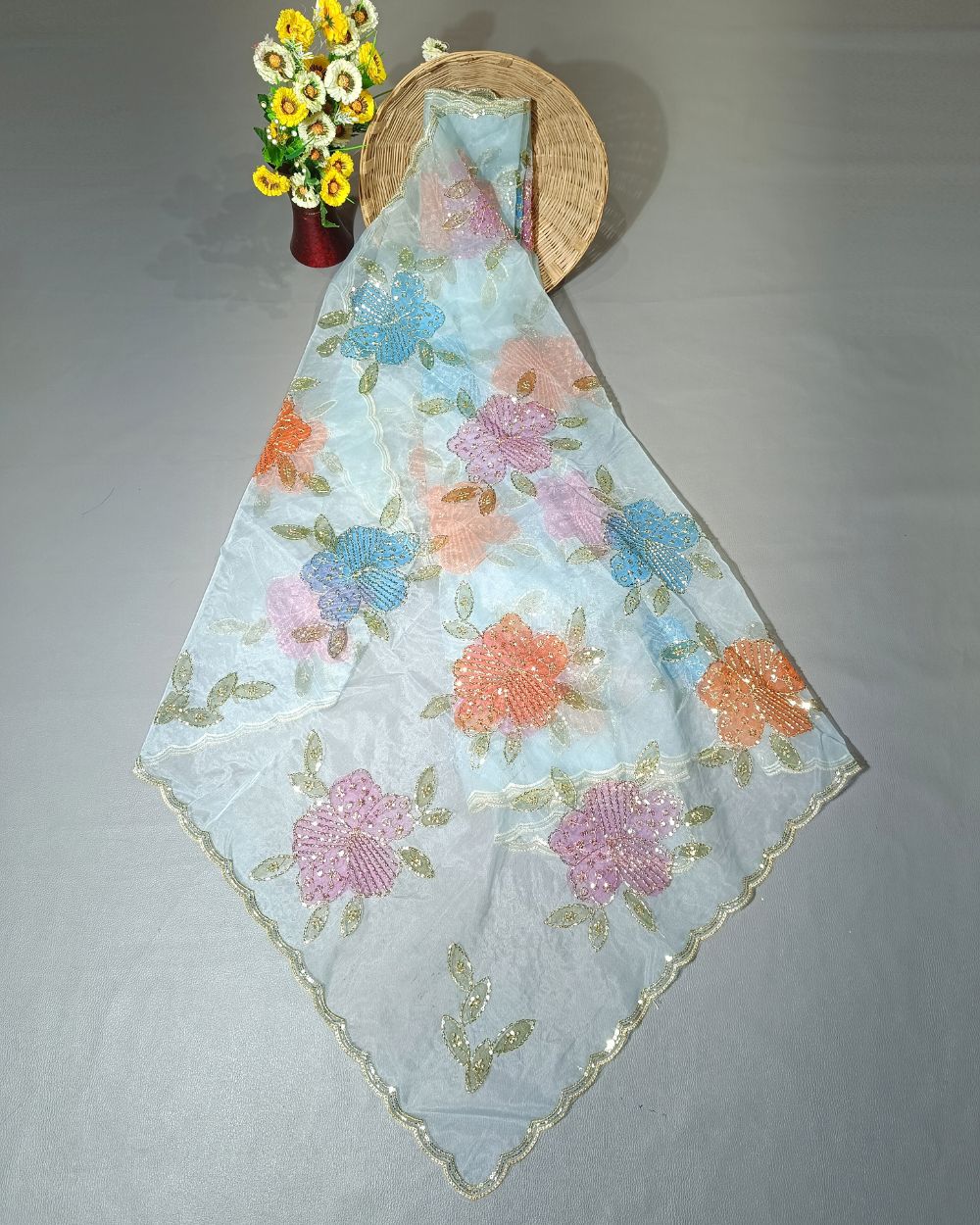 Premium Pure Soft Organza Work Dupatta Sky Blue Colour 39 Inches Width