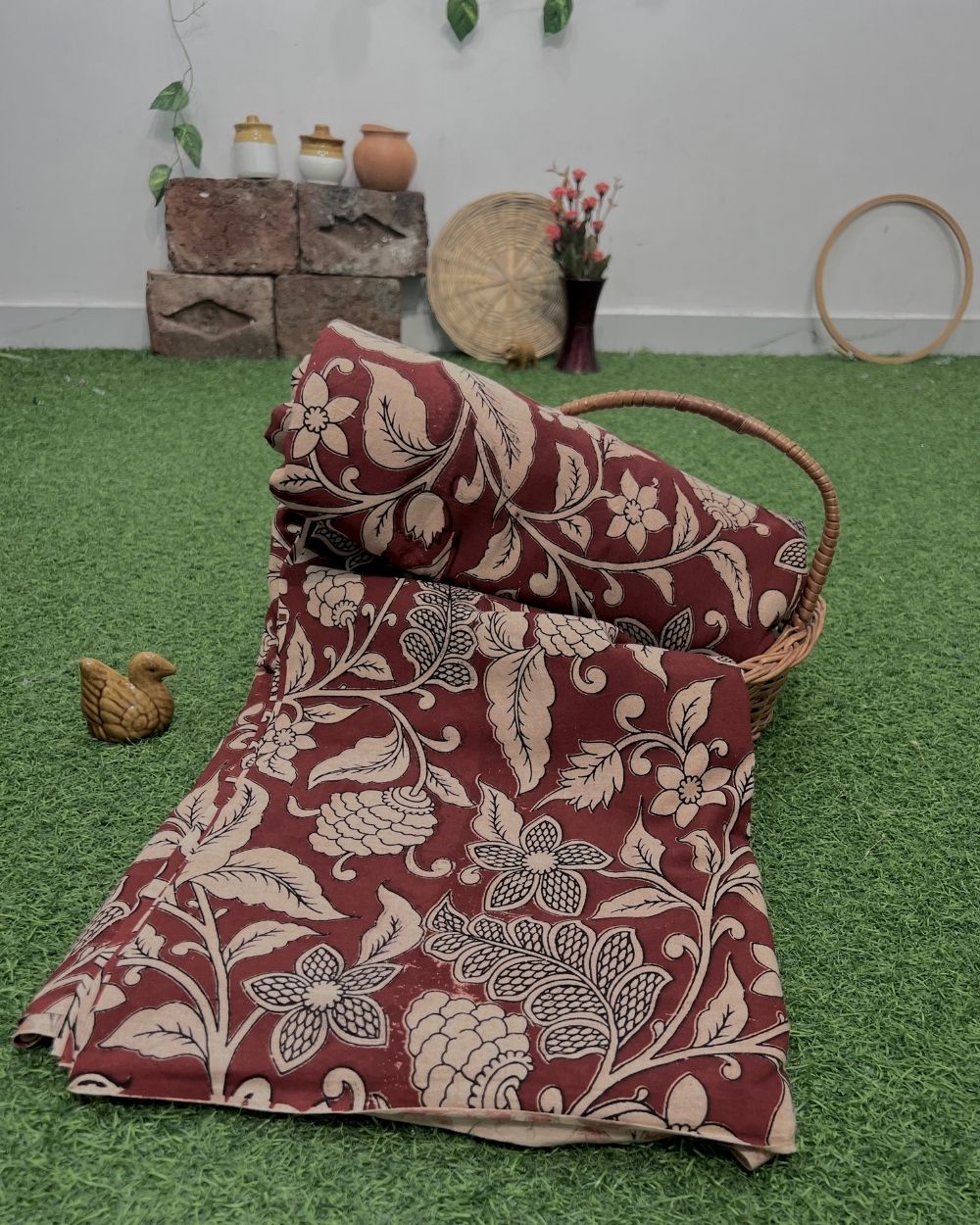 Hand Block Printed Cotton Kalamkari Maroon Colour 47 Inches Width