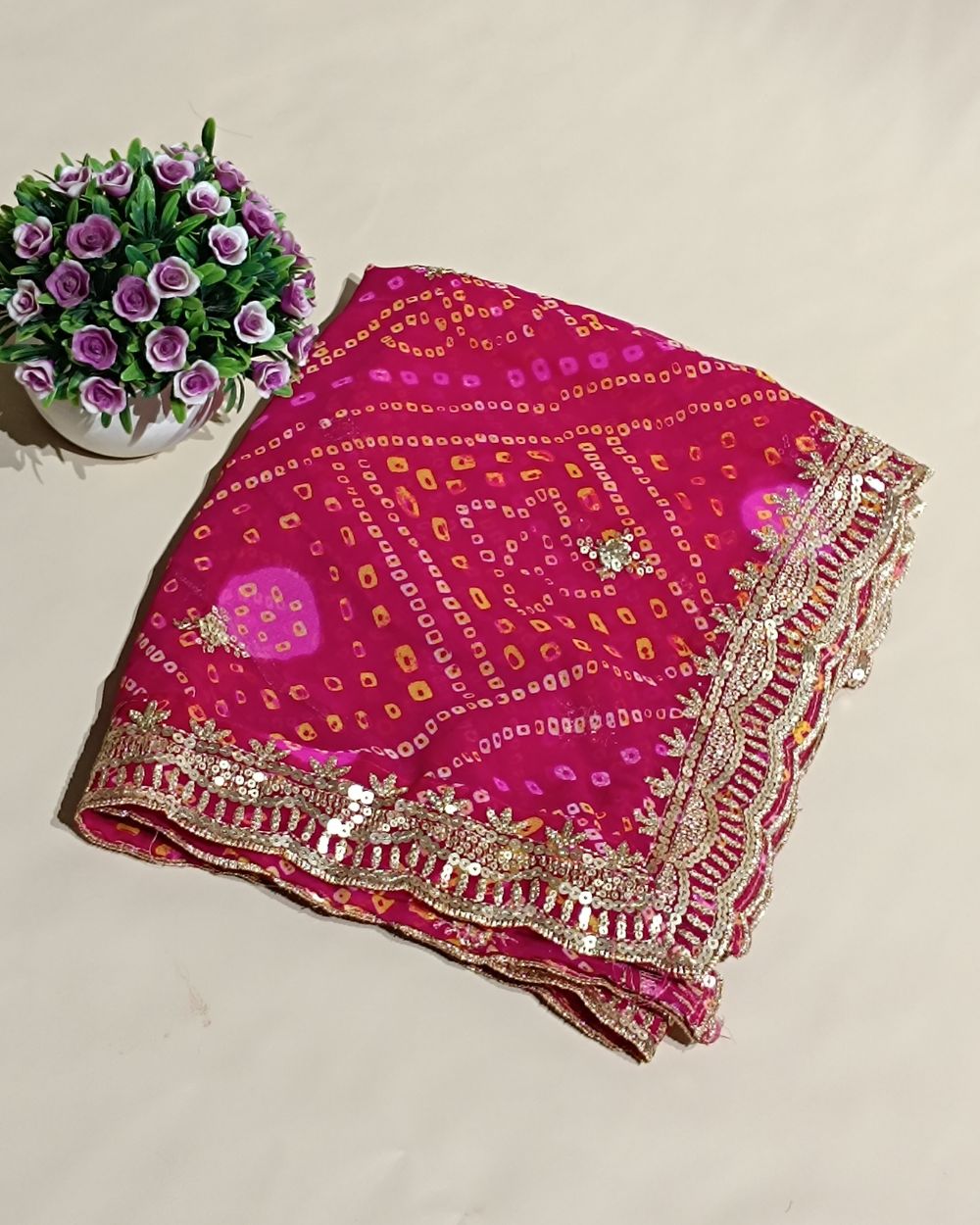 Georgette Bandhani Dupatta with Cut Work Border Rani Pink Colour 37 Inches Width
