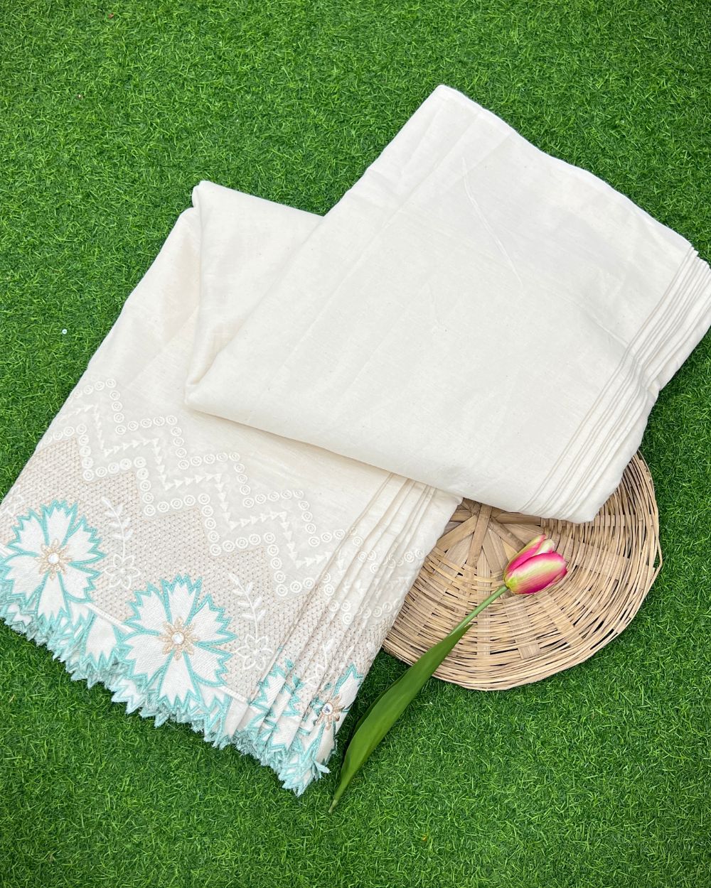 Kora Cotton with Cut Work Border Turquoise Colour 42 Inches Width