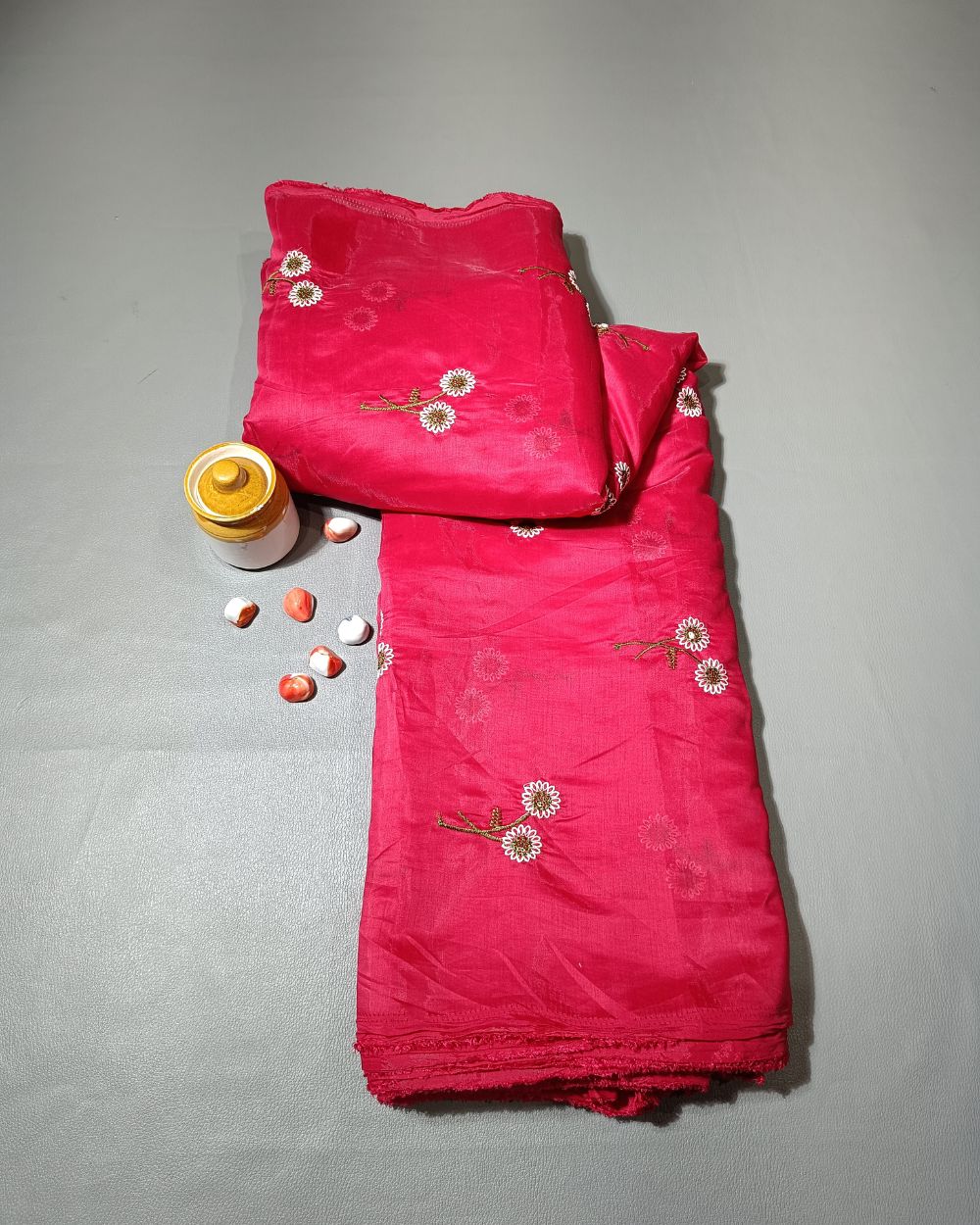 Chanderi Mal Cotton with Thread Work Dark Pink Colour 43 Inches Width