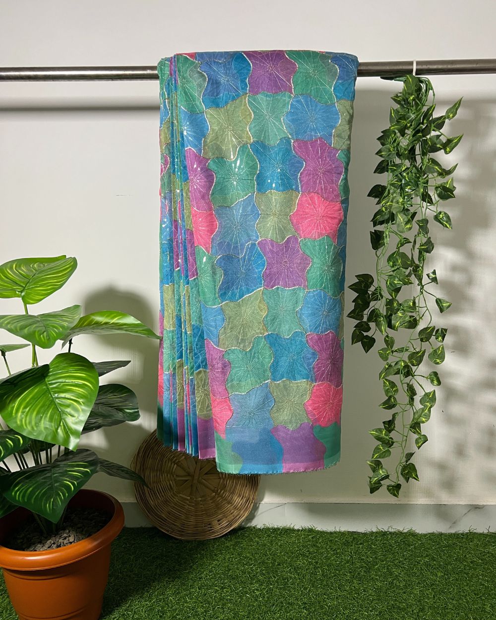 Position Print with Sequin Embroidery on Premium Organza Multicolor 42 Inches Width