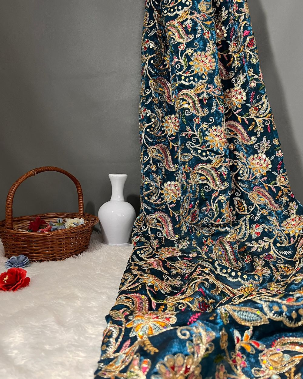 Space Silk Work Peacock Blue Colour 42 Inches Width