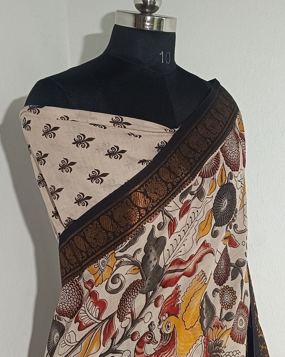Hand Block Printed Cotton Kalamkari Saree with Blouse Piece Ivory Colour 46 Inches Width