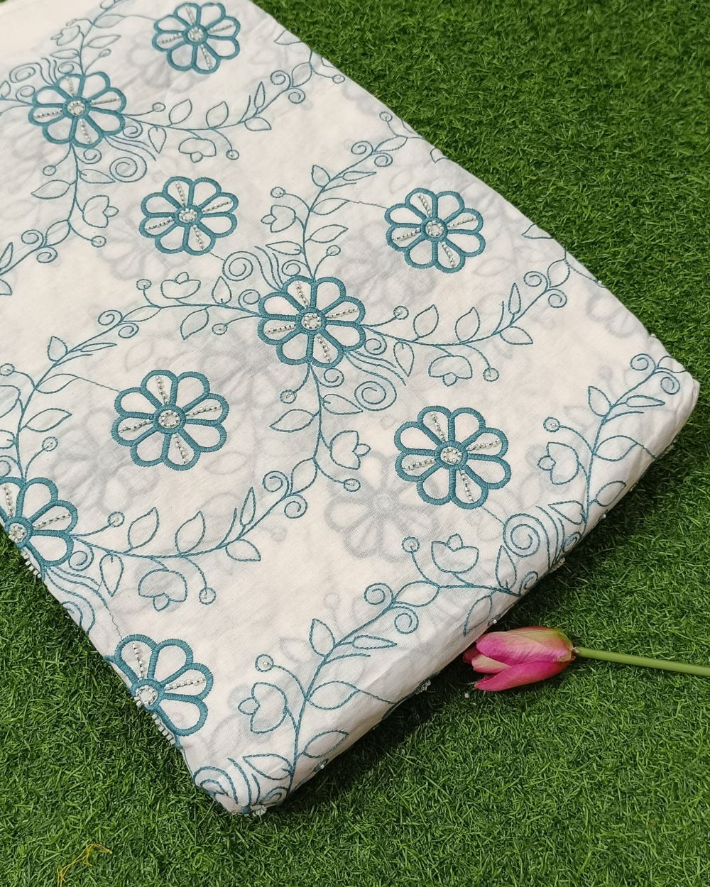 Kora Cotton Moti Work Turquoise Colour 45 Inches Width
