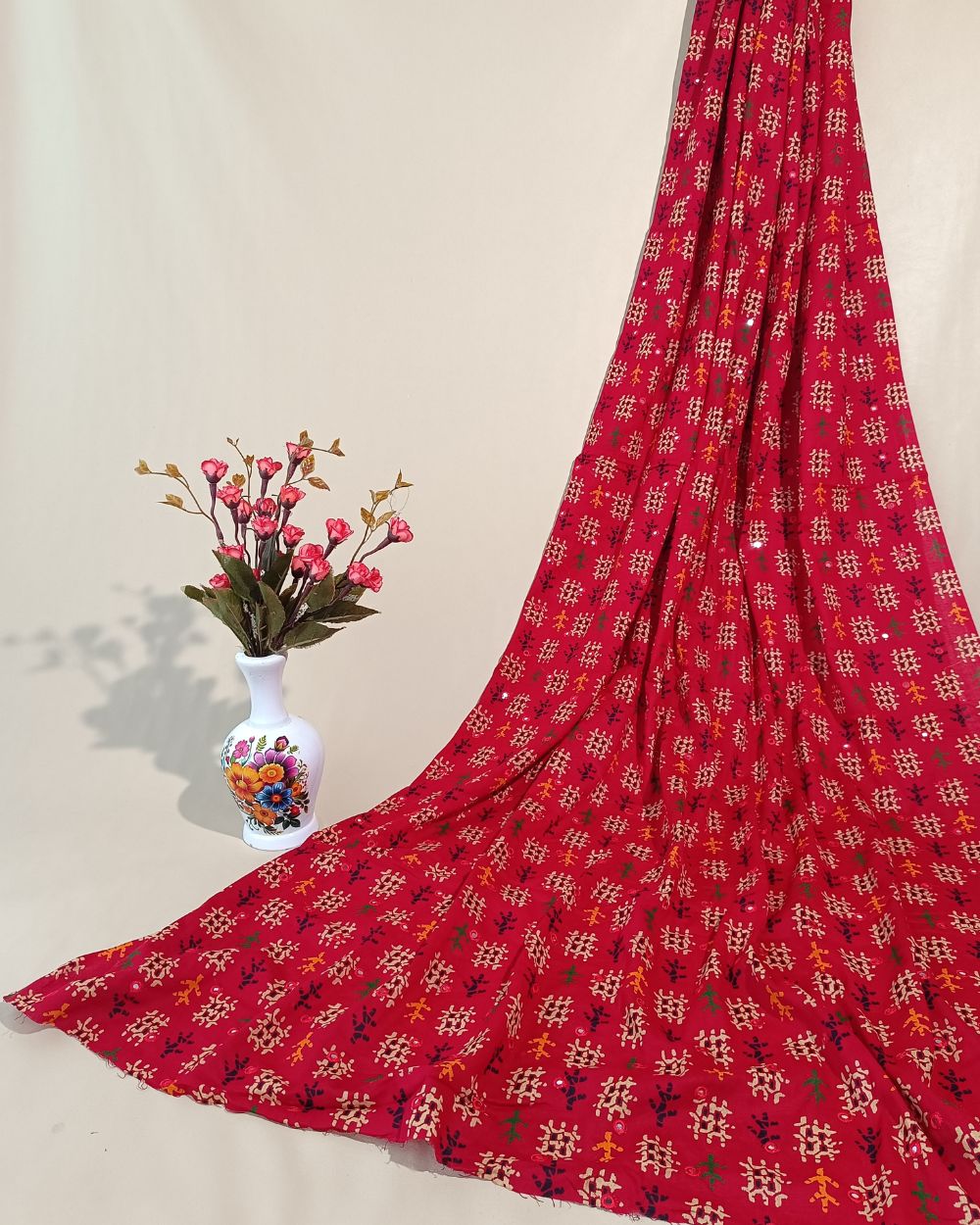 Cotton Abla Work Red Colour 42 Inches Width