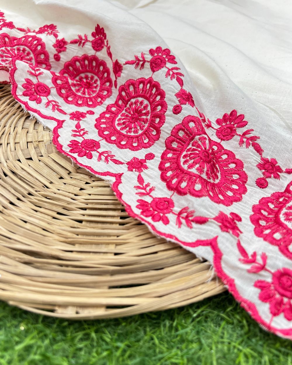 Kora Cotton with Cut Work Border Dark Pink Colour 42 Inches Width