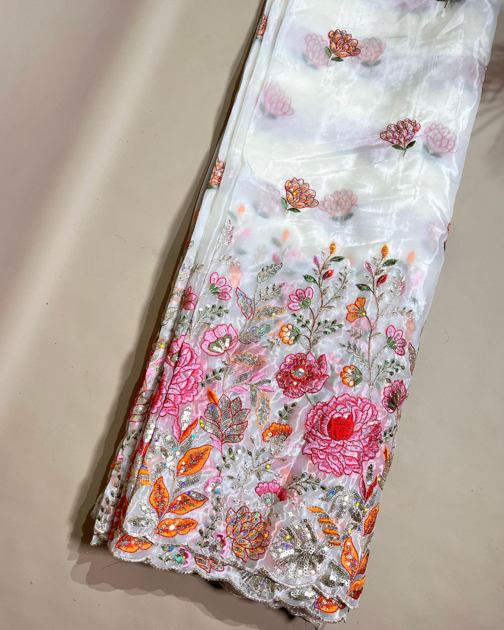 Premium Pure Soft Organza with Border Work White Colour 42 Inches Width