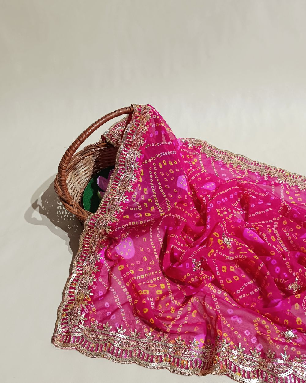 Georgette Bandhani Dupatta with Cut Work Border Rani Pink Colour 37 Inches Width