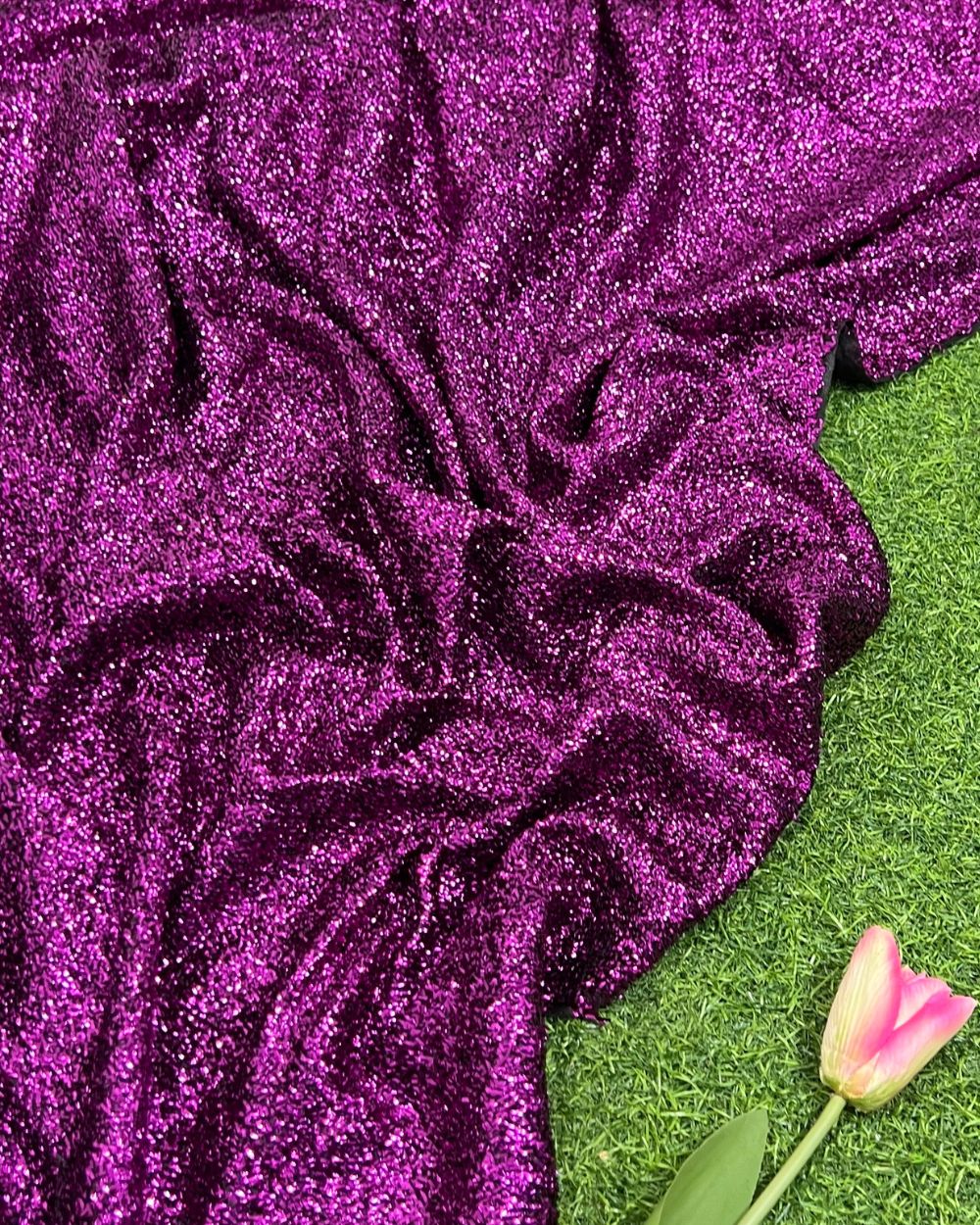 Imported Sparkling Tinsel Lurex Fabric Stretch Metalic Glitter Hot Pink Colour 60 Inches Width