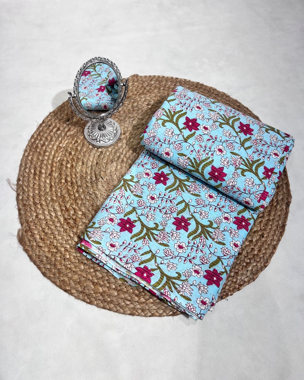 Printed Cotton Kantha Work Sky Blue Colour 42 Inches Width