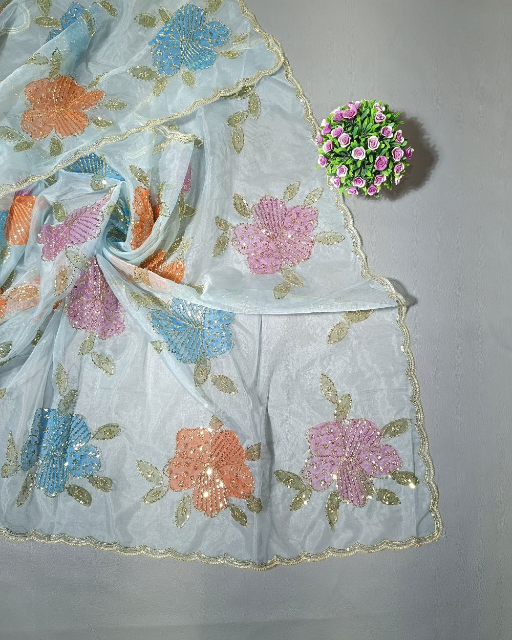 Premium Pure Soft Organza Work Dupatta Sky Blue Colour 39 Inches Width