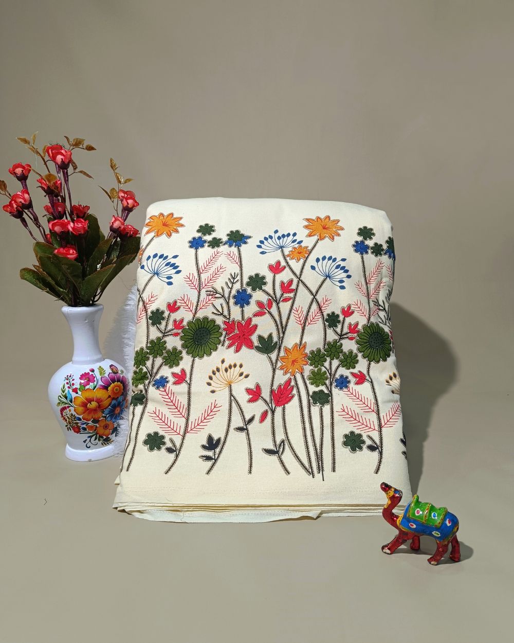 Printed Khadi Cotton with Border Off White Colour 42 Inches Width