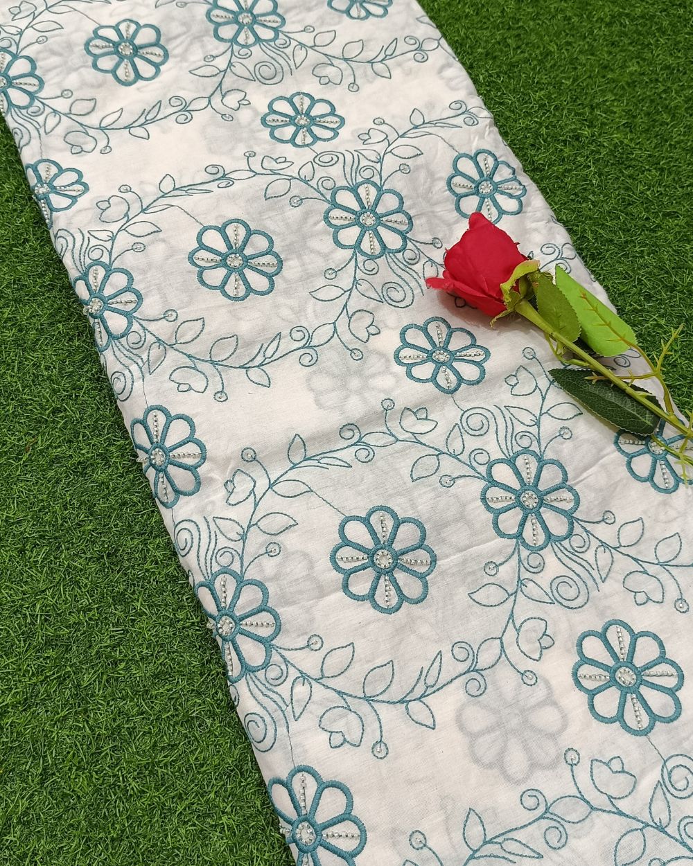 Kora Cotton Moti Work Turquoise Colour 45 Inches Width