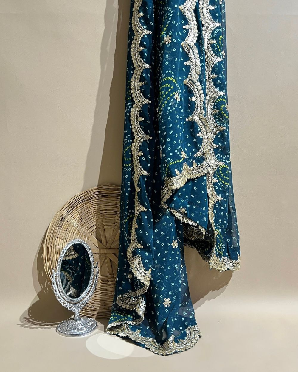 Georgette Bandhani Dupatta with Cut Work Border Kerosene Colour 37 Inches Width