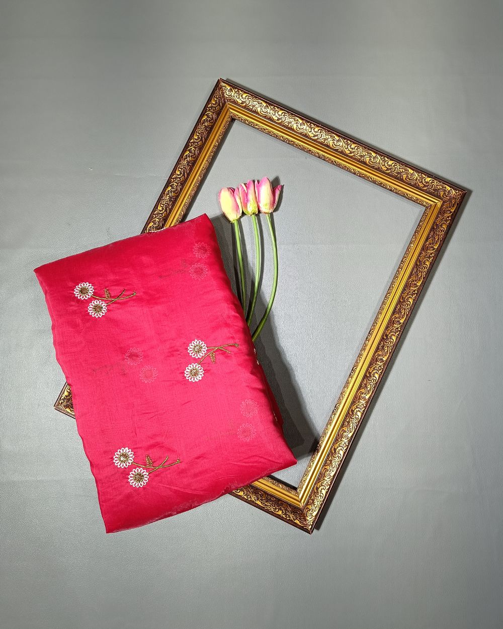Chanderi Mal Cotton with Thread Work Dark Pink Colour 43 Inches Width