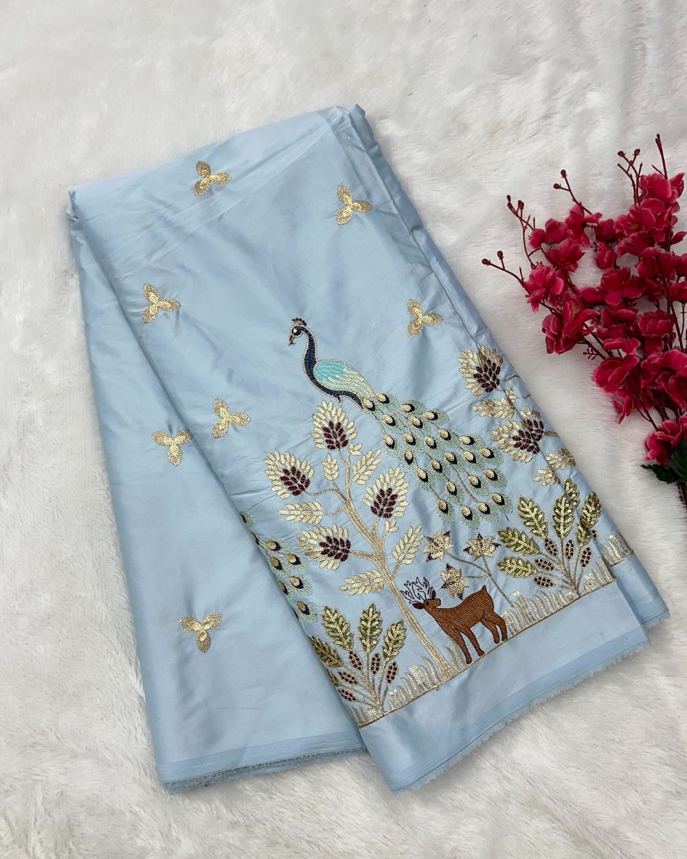 Malai Silk Work Light Sky Blue Colour 56 Inches Width