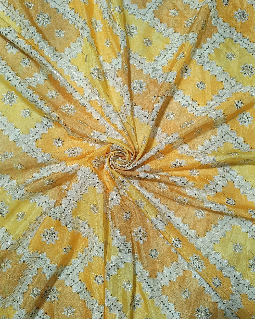 Position Print with Sequin Embroidery on Premium Organza Mango Yellow Colour 45 Inches Width