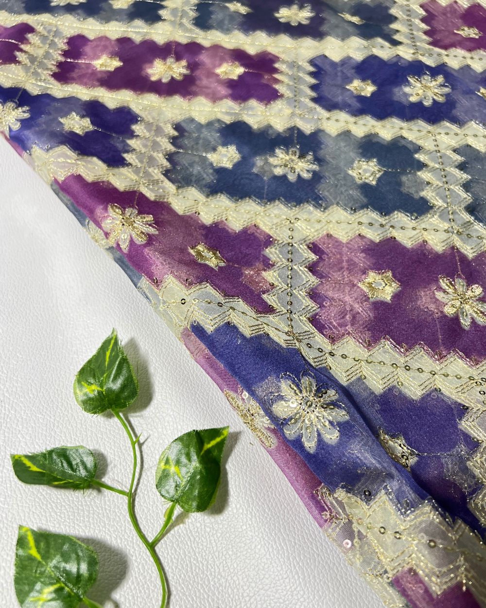 Position Print with Sequin Embroidery on Premium Organza Purple Colour 48 Inches Width