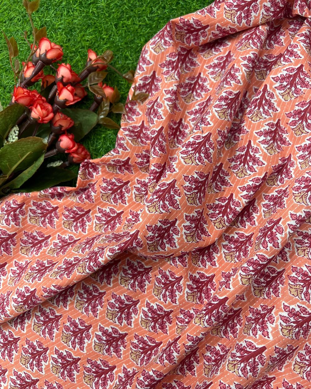 Printed Cotton Kantha Work Peach Colour 44 Inches Width