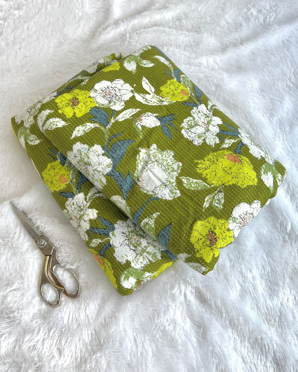 Printed Cotton Kantha Work Mehandi Green Colour 42 Inches Width